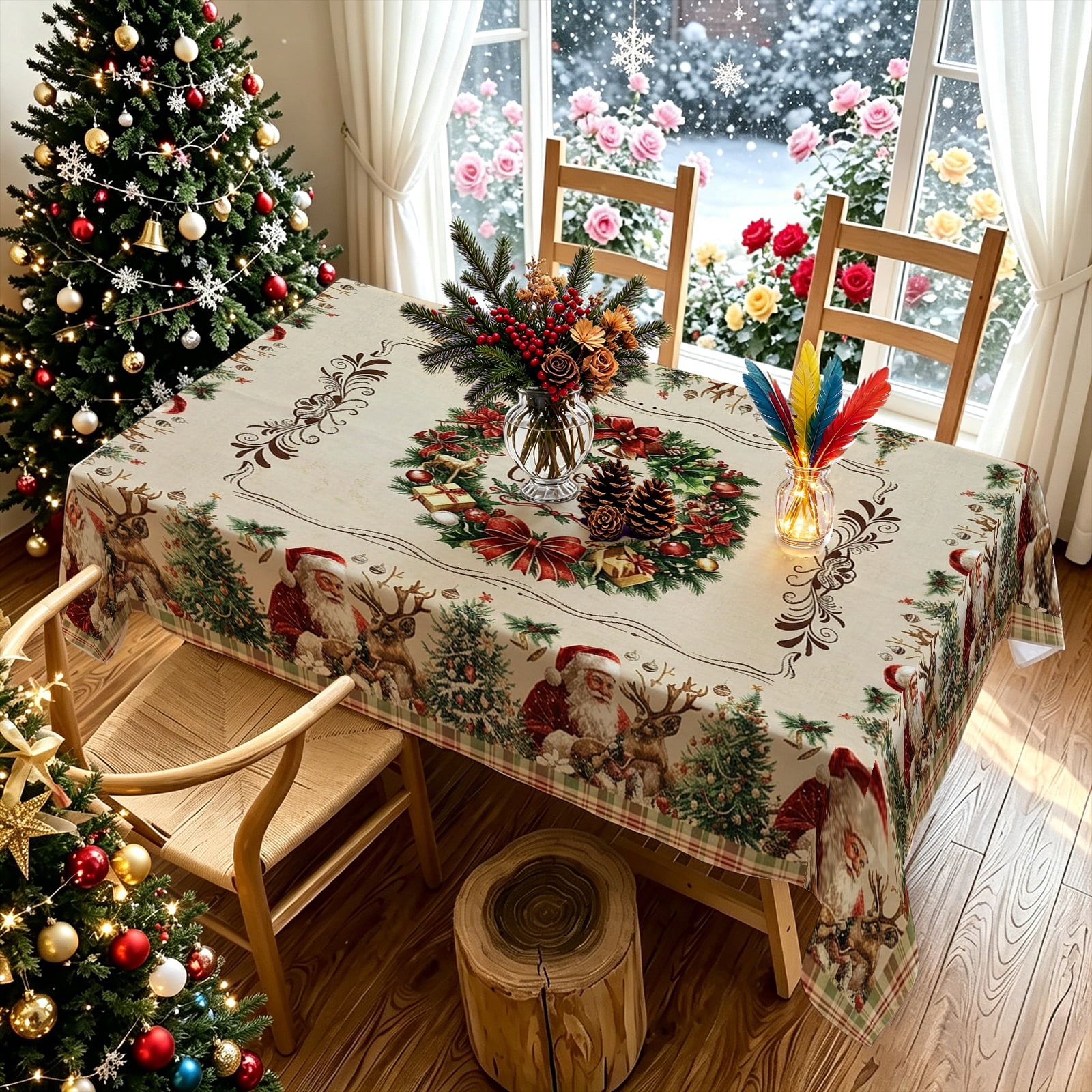 Vintage Santa Elk Pine Tree Scene Pattern Rectangular Tablecloth ...
