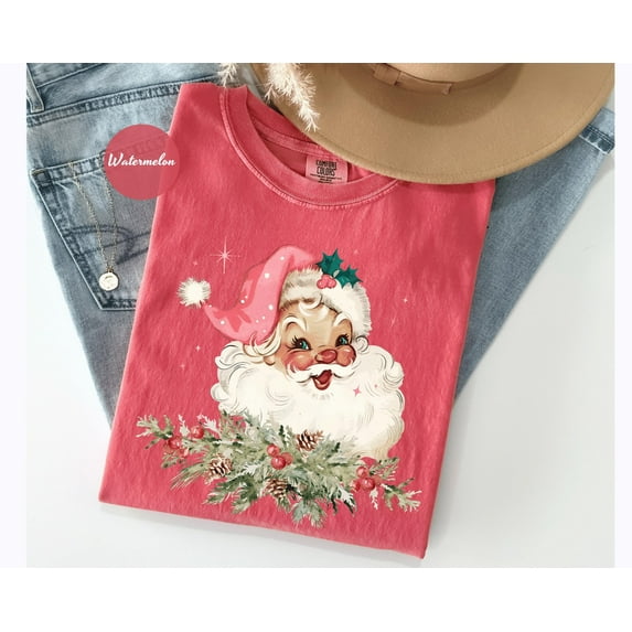 Vintage Santa Face Christmas Graphic Print T-Shirt | Retro Holiday Design | Comfort Colors Watermelon Tee
