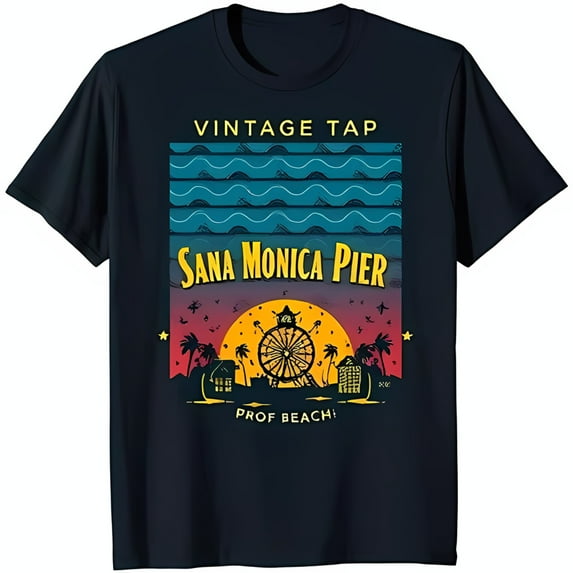 Vintage Santa Monica Pier Graphic Tee Dark Blue T-Shirt with Sunset Waves