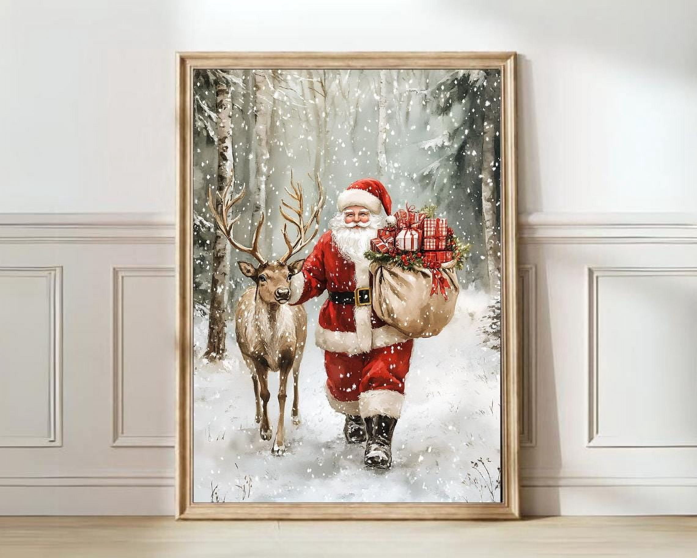 Trditional Drawing Vintage Santa Poster, Traditional Reindeer And Rustic Snowy Holiday ...