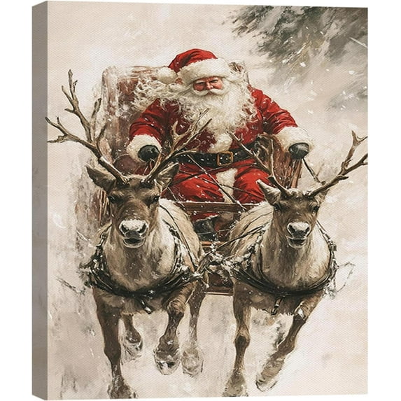 Vintage Santa in Sleigh with Reindeer Canvas Art, Framed Classic Christmas Wall Art for Holiday Decor, Cozy Winter Snow Scene Nature Wall Decor for Living Room Kitchen Office