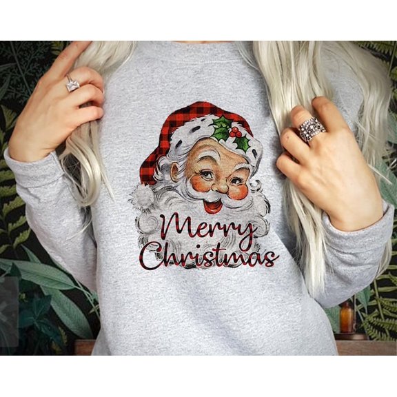 Vintage Santa Sweatshirt, Retro Santa Face Plaid Crewneck, Buffalo Check Sweater, Her Top S-5246, Sweatshirt Size S-5Xl