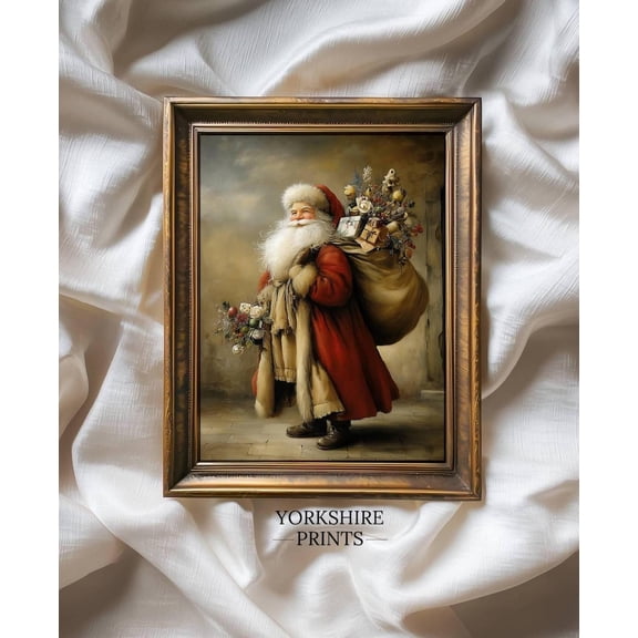 Vintage Santa With Gifts Poster, Retro Winter Holiday Wall Art, Festive Seasonal Print UNFRAMED Poster, Wall Art for Decor, Present, 12x18