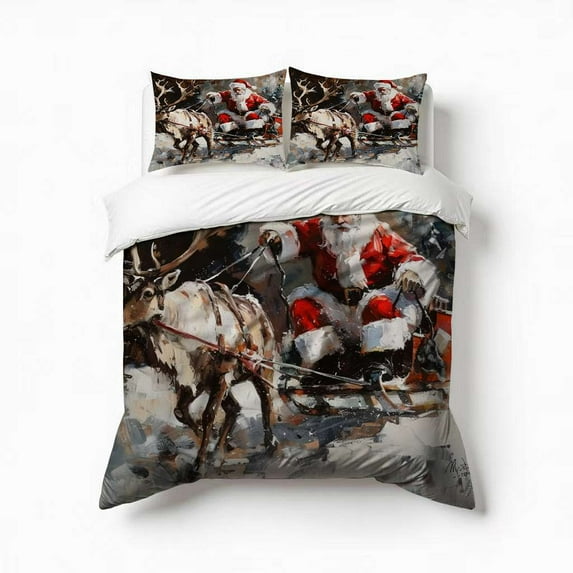 Vintage Santa With Reindeer Bedding Set 3 Pcs Soft Microfiber Quilt Cover For Bedroom Decor, Comforter Cover With 2 Pillowcase