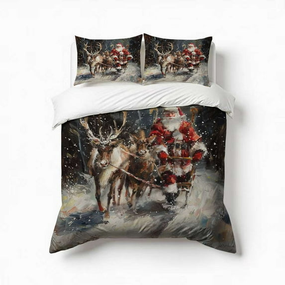 Vintage Santa With Reindeer Bedding Set 3 Pcs Soft Microfiber Quilt Cover For Bedroom Decor, Comforter Cover With 2 Pillowcase