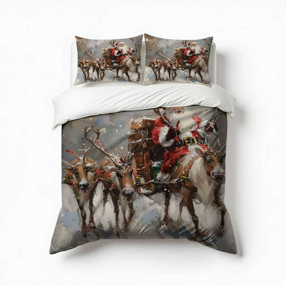 Vintage Santa With Reindeer Bedding Set 3 Pcs Soft Microfiber Quilt Cover For Bedroom Decor, Comforter Cover With 2 Pillowcase