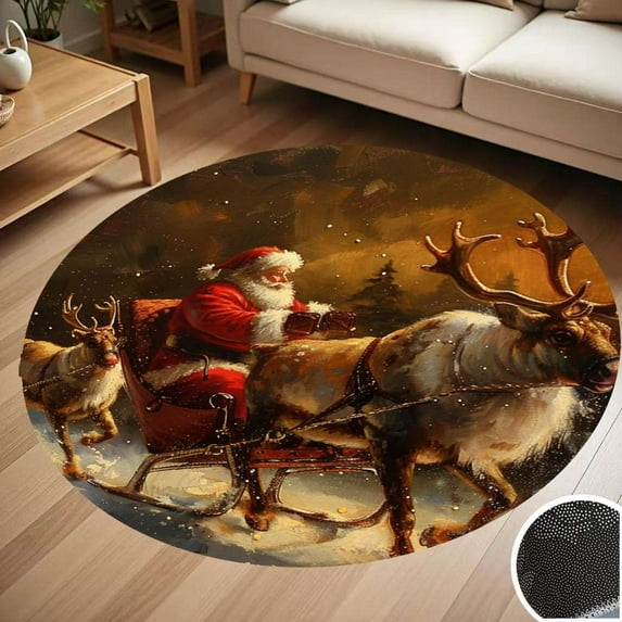 Vintage Santa With Reindeer Round Carpet Living Room Bedroom Home Decoration Coffee Table Mat Lounge Rug Chair Mats