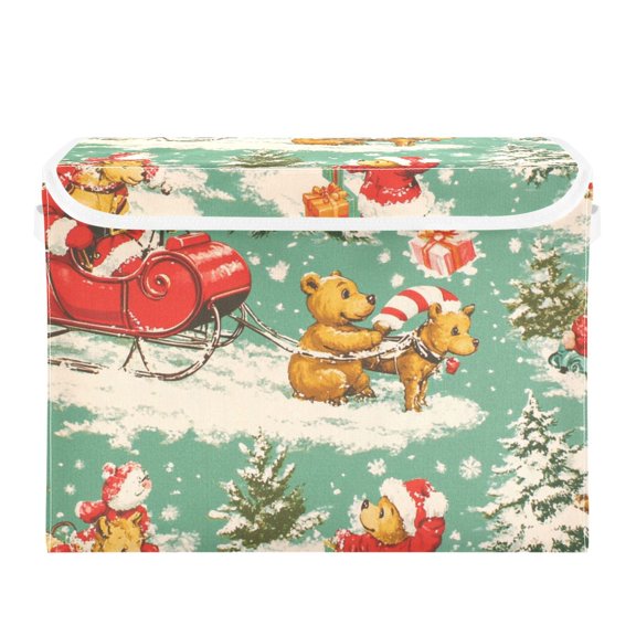 Vintage Santa and Bear Large Storage Bins with Linen Collapsible Lid Storage Box 16.7 x 12.6 x 11.8in