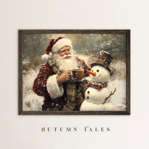 Vintage Santa and Snowman Christmas Wall Art Print Cozy Winter Wonedrland Forest Moody Holiday Festive Home Decor, 24x36 UNFRAMED
