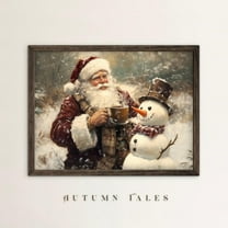 Vintage Santa and Snowman Christmas Wall Art Print Cozy Winter Wonedrland Forest Moody Holiday Festive Home Decor, 24x36 UNFRAMED