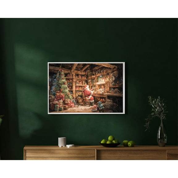 Vintage Santa’s Workshop Wall Art, Santa Oil Painting, Festive Christmas Wall Art, Cottagecore Décor, Seasonal Print, 8x12 UNFRAMED