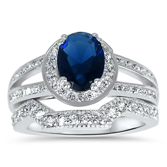 Vintage Sapphire Blue CZ Wedding Engagement Ring Set for Women Oval Halo Solitaire 6