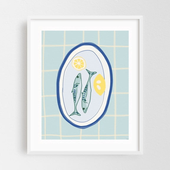 Vintage Sardines | Italian Kitchen Art - Barberino Val d'Elsa Tuscany Italy Illustration Kitchen Decor Minimalist Modern Art Fruit Pastel Lemon Abstract White Framed Wall Art Print 6 x 8 inches