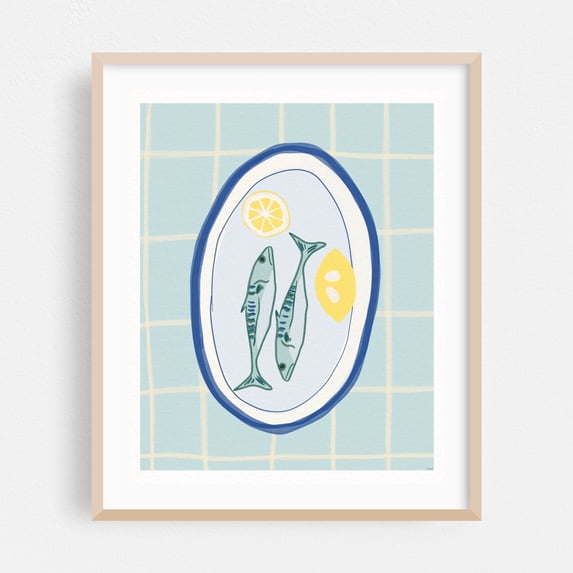 Vintage Sardines | Italian Kitchen Art - Barberino Val d'Elsa Tuscany Italy Illustration Kitchen Decor Minimalist Modern Art Fruit Pastel Lemon Abstract Oak Framed Wall Art Print 6 x 8 inches