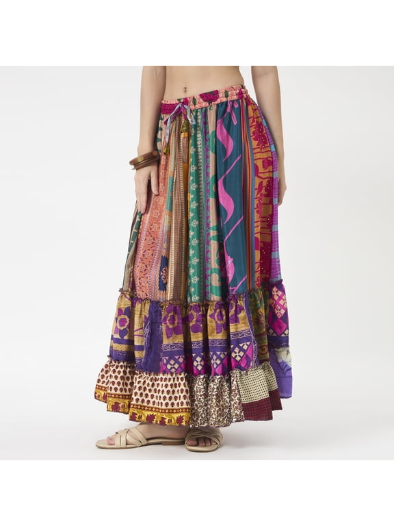 Vintage Sari Silk Patchwork Tiered Maxi Skirt – Handmade Recycled Silk Boho Long Skirt with Elastic Waist