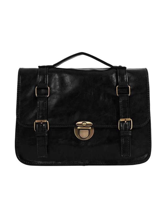 Vintage Satchel Backpack for Women Men, Retro Flap Crossbody Messenger Bag with Top Handle, Multi Functional Briefcase Bookbag for Office Travel, Black & Brown Solid Colors