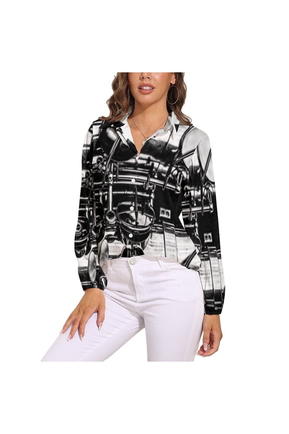 Vintage Saxophone Close Up Keys Black And White Long Sleeve Blouse Woman Streetwear Casual Shirts Summer Oversize Woman Streetwear Clothing Birthday Present