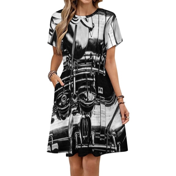 Vintage Saxophone Close Up Keys Black And White Dress Fashion Beach Short Sleeve Dresses Female Party Printed Sundress