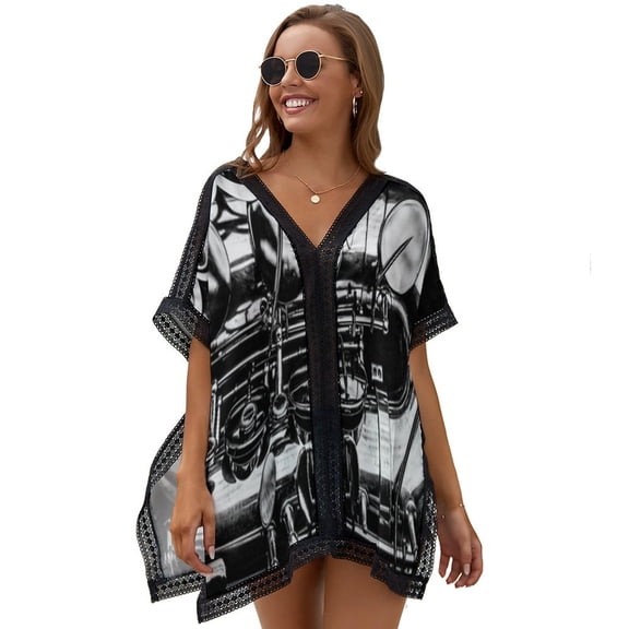 Vintage Saxophone Close Up Keys Black And White Women's Swimsuit Coverup Summer Beach Cover Up Bathing Suit Dress