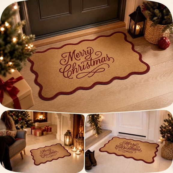 Vintage Scalloped Christmas Door Mat, Merry Christmas Welcome Door Mat, Holiday Welcome Rug, Christmas Front Door Mat Entryway