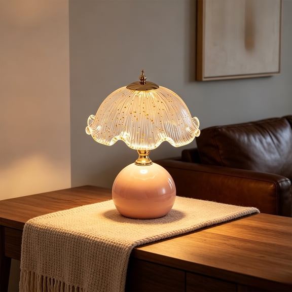 Vintage Scalloped Glass Shade Table Lamp Multi Color Round Base Warm Ambient Bedside Lamp for Bedroom Living Room Office Decor Holiday Housewarming Gift