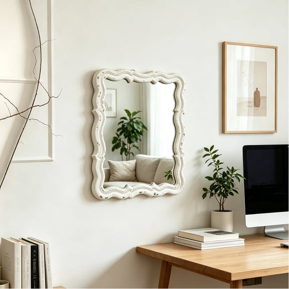 Sintosin Wall Mirror 16"x12", White Vintage Scalloped Bathroom Mirror with Distressed Wood Frame, Farmhouse Decorative Vanity Mirror for Bathroom, Bedroom, Dressing Room