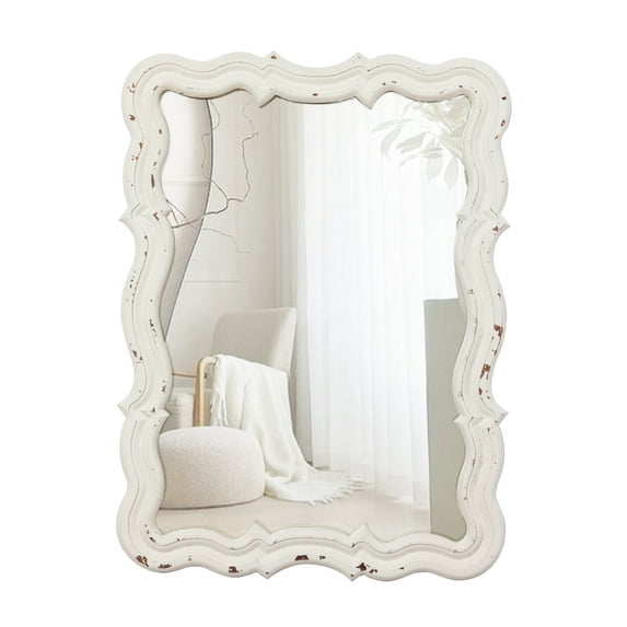 Sintosin Wall Mirror 16"x12", White Vintage Scalloped Bathroom Mirror with Distressed Wood Frame, Farmhouse Decorative Vanity Mirror for Bathroom, Bedroom, Dressing Room