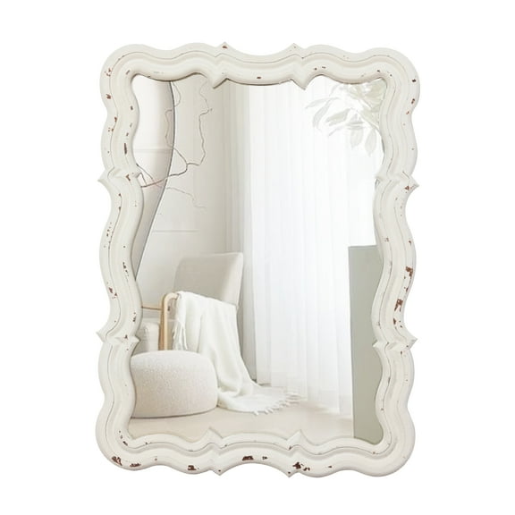 Sintosin Wall Mirror 16"x12", White Vintage Scalloped Bathroom Mirror with Distressed Wood Frame, Farmhouse Decorative Vanity Mirror for Bathroom, Bedroom, Dressing Room