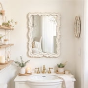 Sintosin Wall Mirror 16"x12", White Vintage Scalloped Bathroom Mirror with Distressed Wood Frame, Farmhouse Decorative Vanity Mirror for Bathroom, Bedroom, Dres