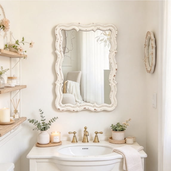 Sintosin Wall Mirror 16"x12", White Vintage Scalloped Bathroom Mirror with Distressed Wood Frame, Farmhouse Decorative Vanity Mirror for Bathroom, Bedroom, Dressing Room