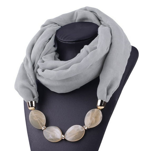 Vintage Scarf For Women Imitation Pearls Pendant With Necklace Soft Winter Neck Wrap Infinity Scarves Gray 180x48