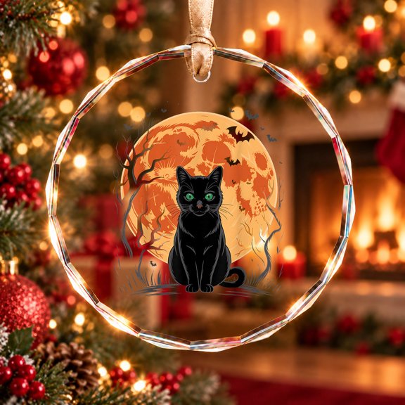Vintage Scary Christmas Cat Retro Cat Moon Black Cat Tree Ornament, Feline Keepsake Decor, Circle Glass Ornament
