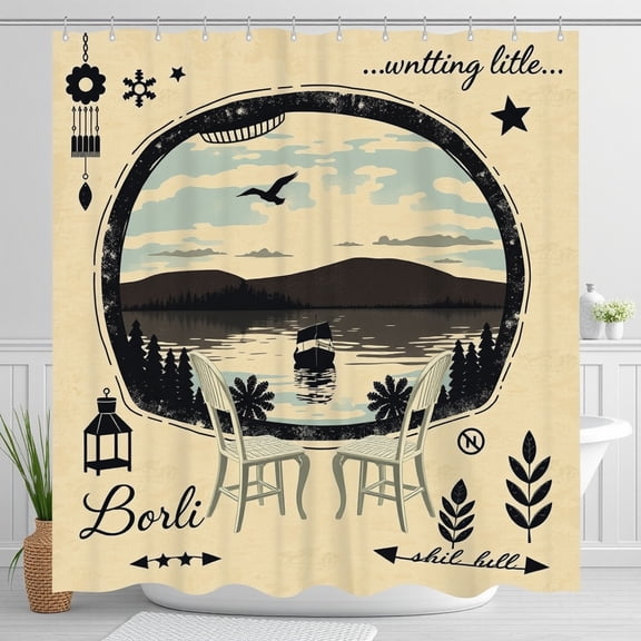 Vintage Scenic Lake Shower Curtain with Mountain View & Whimsical Design