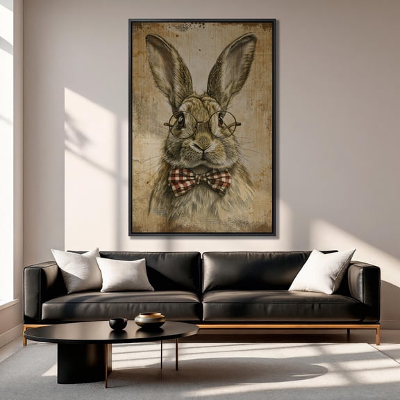 Vintage Scholar Bunny Art: Rabbit With Glasses, Ready To Hang, Stretched Canvas Size 16x24