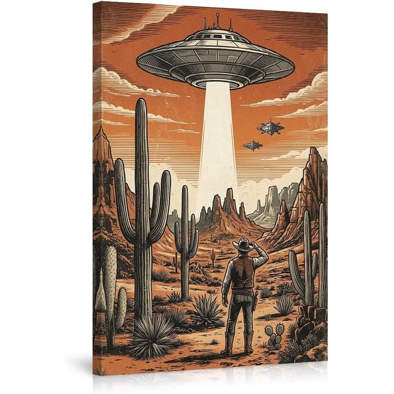 Vintage Sci-Fi Western Canvas Poster UFO Alien Abduction Cowboy Desert Landscape Wall Art Print Rustic Home Decor for Living Room Bedroom