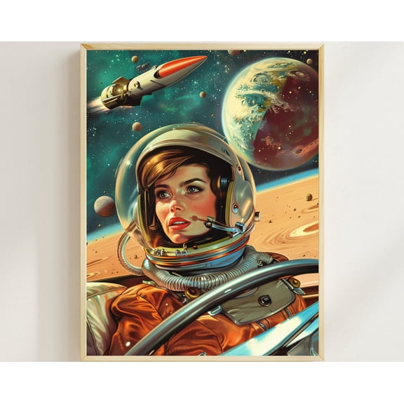 Vintage SciFi Pop Art Retro Astronaut Woman On Mars Space Poster Retro Futuristic Surrealist Collage Sci-Fi Cosmic Poster 60s Atomic Age Art, 24x36 UNFRAMED