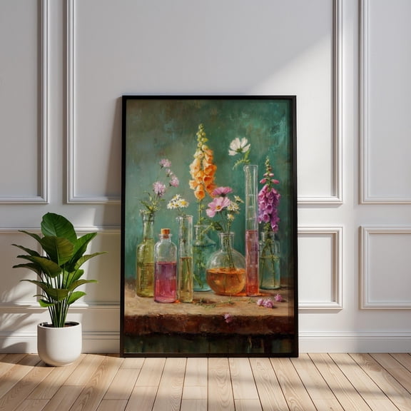 Vintage Science Lab Floral Art Apothecary Bottle Botanical Dark Academia Wall Decor Chemistry Vase Flower Illustration, Unframed Poster