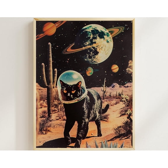 Vintage Scifi Space Collage Poster Starring Cat Black Cat Space Poster Black Cat Surreal Vaporwave Art Retro Futuristic Western Art Decor, 8x12 UNFRAMED