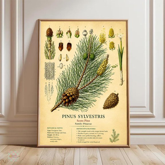 Vintage Scots Pine Botanical Print Pinus Sylvestris Art Antique Tree Illustration Natural History Decor Forest Nature Artwork