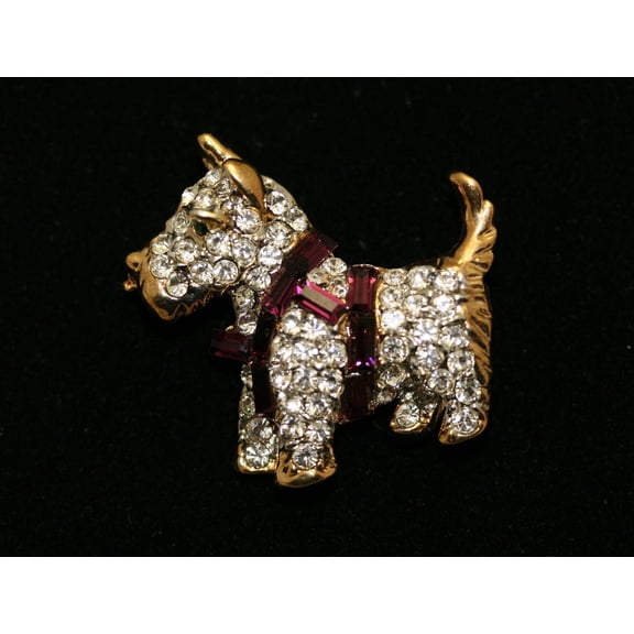 Vintage Scottish Dog Brooch Pin Pave Rhinestones Purple Harness Cute Puppy Dog Figural Pin