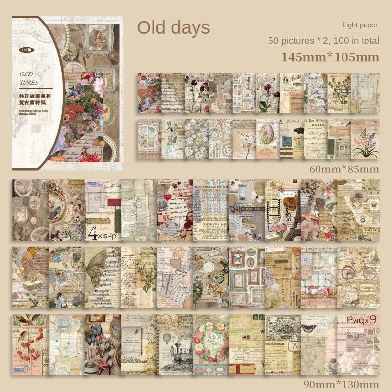 Vintage Scrapbook Decorative Paper - "Days Gone By" Series, 100 Sheets of Retro Journaling and Crafting Material