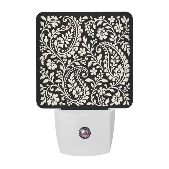 Vintage Scroll Floral LED Night Light, Oriental Black Cream Swirling Vine Flower Night Lights plug into Wall with Smart Sensor Dusk to Dawn Sensor for Nursery Bedroom 2.95x4.5in