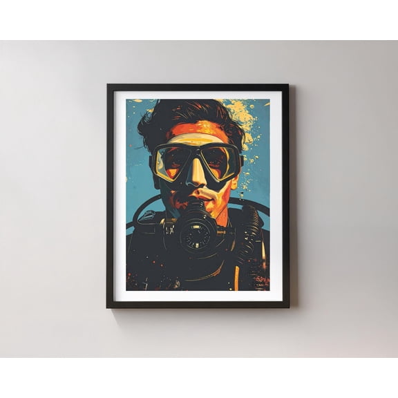 Vintage Scuba Diver Poster Retro Underwater Explorer Illustration MidCentury Diving Wall Art , Poster Print Only