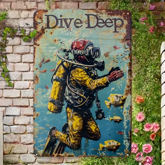 Vintage Scuba Diving Metal Sign - Dive Deep Retro Tin Sign, Funny Diver's Decor, 8x12in Wall Art for Diver, Scuba Gift for Him Wall Decor For Home Bedroom Bar Country Garden Bathroom Decor Gifts