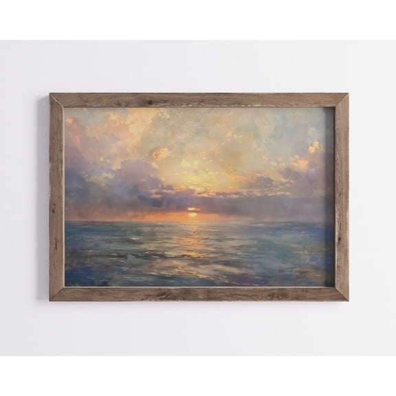 Vintage Sea Coastal Sunrise Art, Antique Beach Sunset, Rustic Ocean Landscape Decor, Summer Horizon Seascape Art Home Decor, 16x24 UNFRAMED