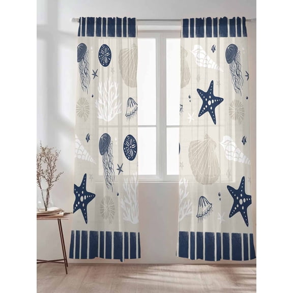 Vintage Sea Shells Corals on Linen Sheer Curtains 2 Panels Set Deep Blue Stripes Lihgt Filtering Rod Pocket Voile Drape,Semi Sheer Window Curtains for Bedroom Living Room,52"x84"