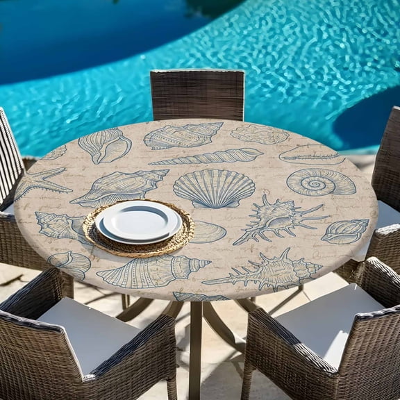 Vintage Sea Stars Shells Round Fitted Tablecloth with Elastic Edge,Waterproof Table Cloth Fits Tables Up to 45"-54",Wipeable Washable Table Cover for Indoor Outdoor Dinning Party,Paper Background