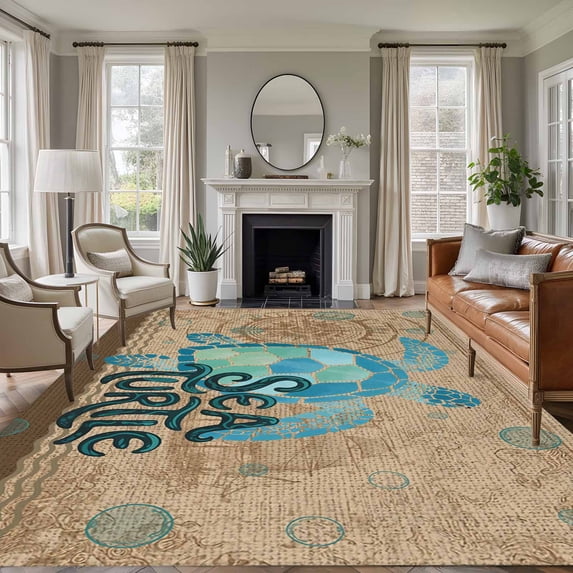 Vintage Sea Turtle Area Rug 5x8 Washable Rug Non Slip Brown Nautical Anchor Bubbles Coastal Large Area Rug Soft Stainresistant Indoor Floor Carpet for Living Room Bedroom Home Office Dining Room
