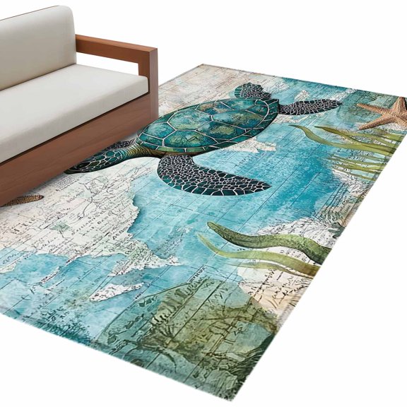 Vintage Sea Turtle Area&nbsp;Rug 4x6ft Nautical Retro Ocean Turtle Seaweed Starfish Map Non-Slip&nbsp;Washable Square&nbsp;Rugs Soft Felt Indoor Floor Mat for Bedroom Kitchen Living Room Bathroom