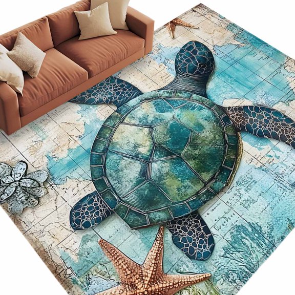 Vintage Sea Turtle Area&nbsp;Rug 6x9ft Nautical Retro Ocean Turtle Starfish Seaweed Map Non-Slip&nbsp;Washable Square&nbsp;Rugs Soft Felt Indoor Floor Mat for Bedroom Kitchen Living Room Bathroom